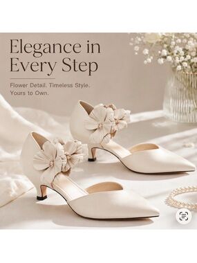 NEW Coutgo women 6 cream kitten heel shoes flower closed pointed toe party pumps